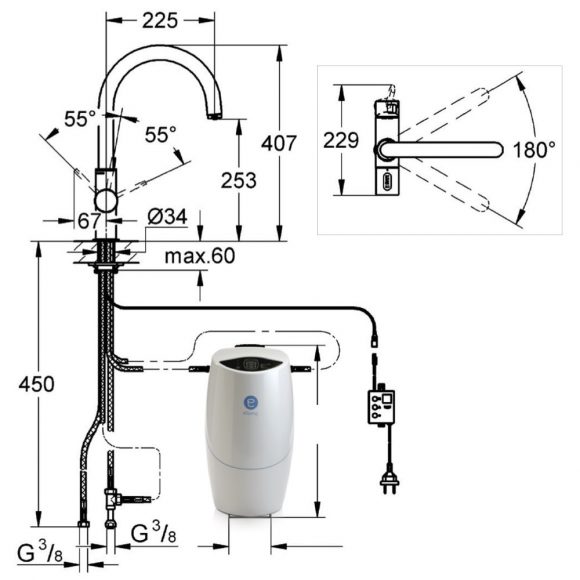 Designer Drei-Wege-Wasserhahn GROHE C-Auslauf, Chrom (Amway eSpring